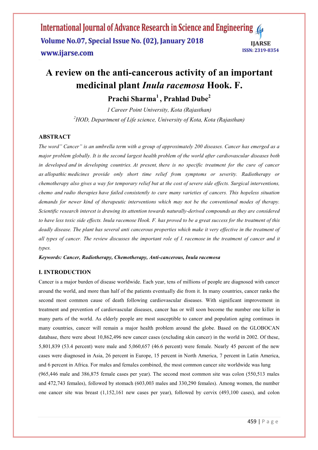 A Review on the Anti-Cancerous Activity of an Important Medicinal Plant Inula Racemosa Hook