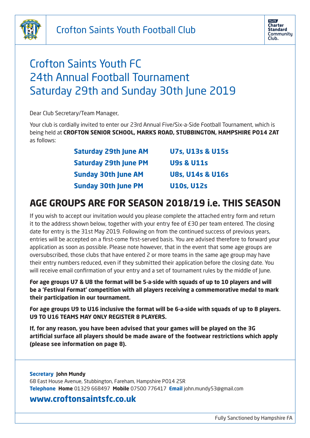 Crofton Saints Youth FC 24Th Annual Football Tournament Saturday 29Th and Sunday 30Th June 2019