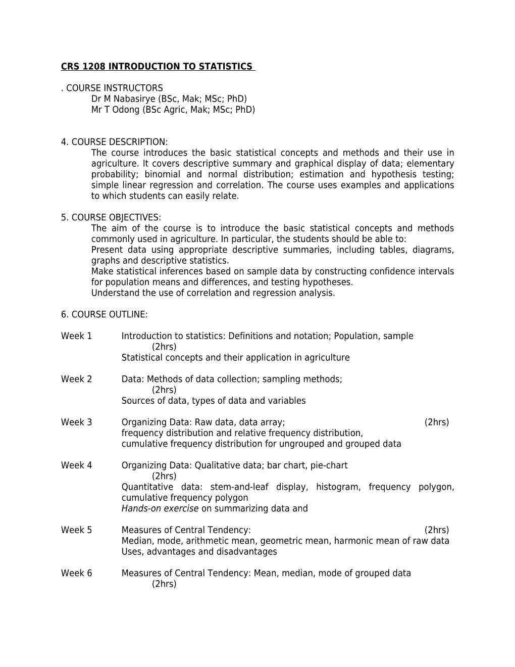 Crs 1208 Introduction to Statistics