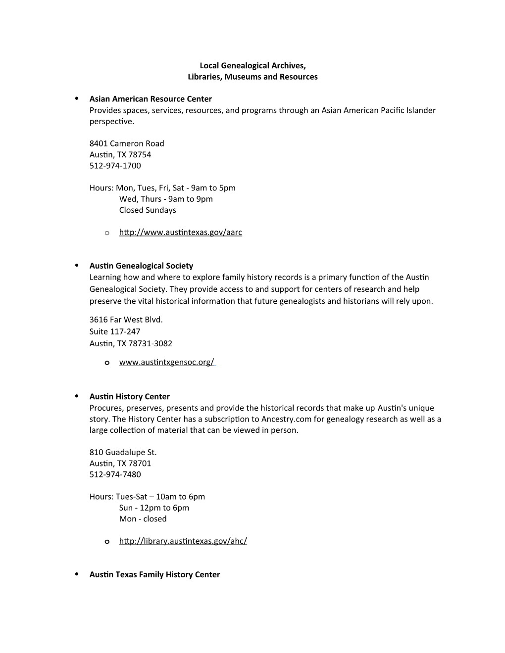 Austin/Travis County Genealogy Resource