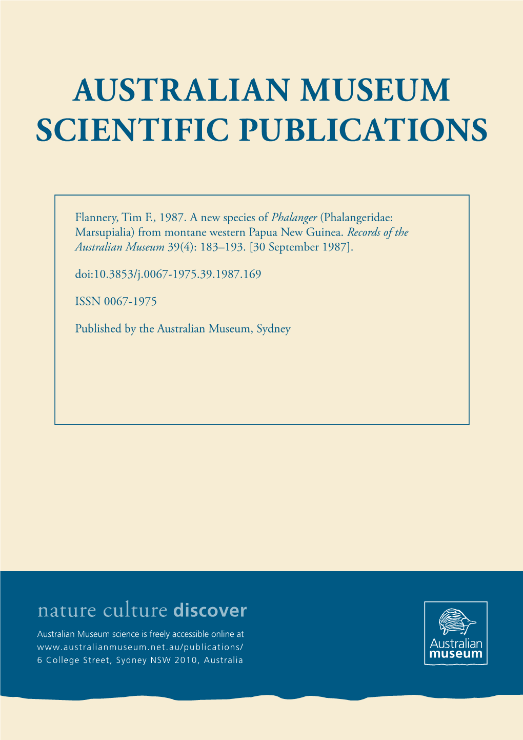 A New Species of Phalanger (Phalangeridae: Marsupialia) from Montane Western Papua New Guinea