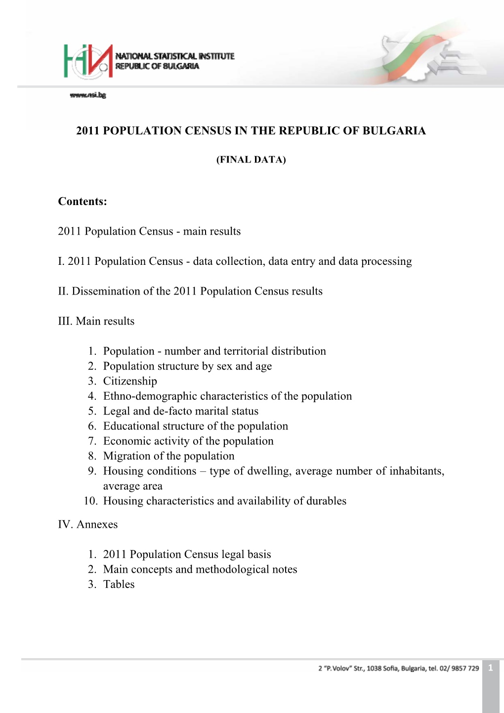 2011 Population Census in the Republic of Bulgaria