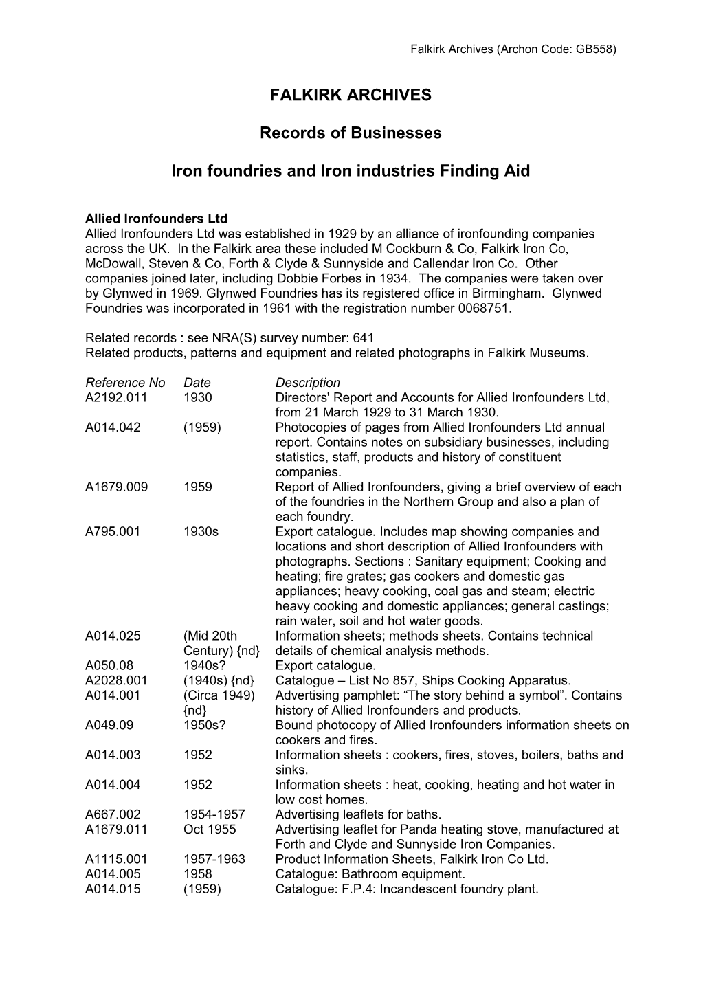 Iron Foundries and Iron Industries Finding Aid