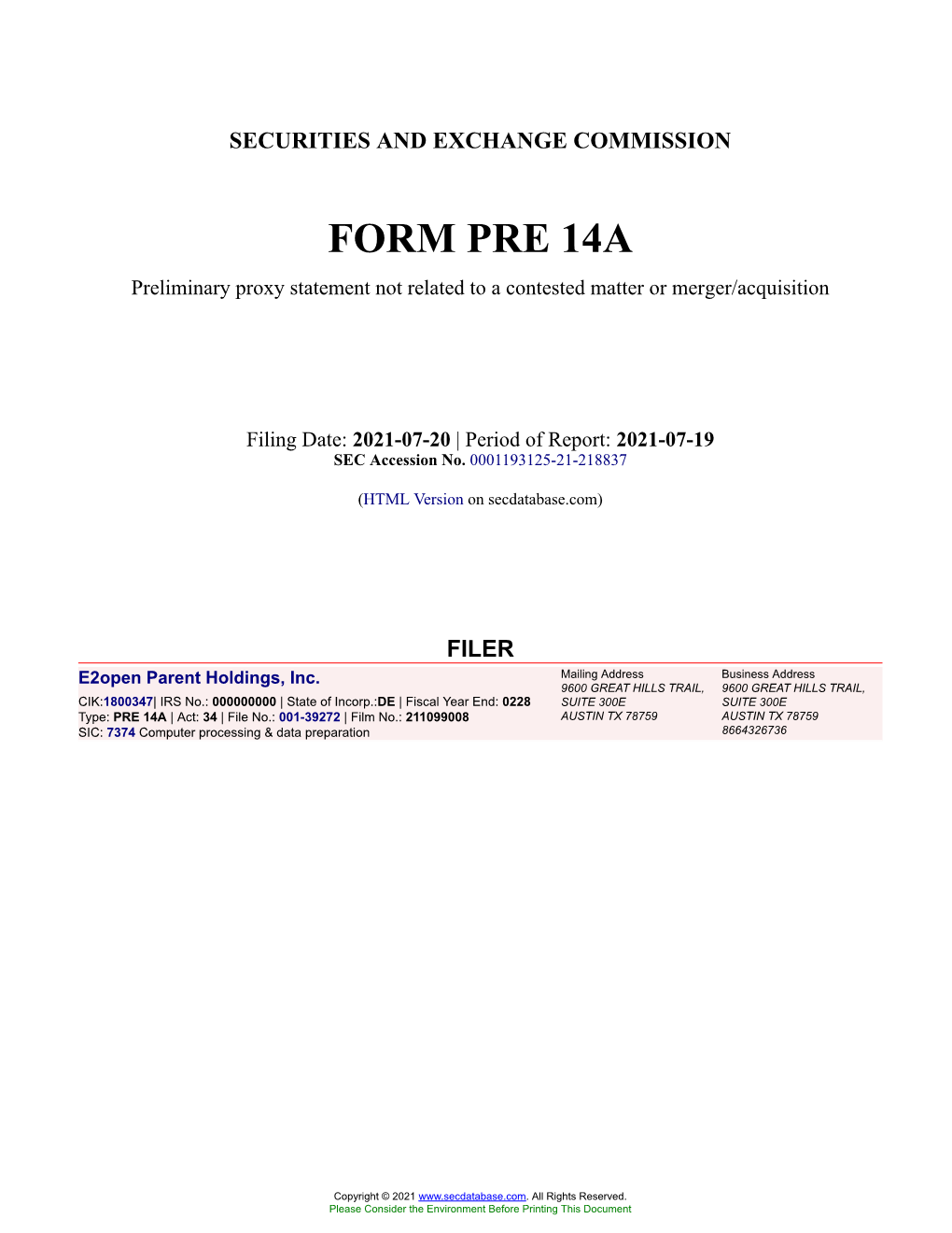 E2open Parent Holdings, Inc. Form PRE 14A Filed 2021-07-20