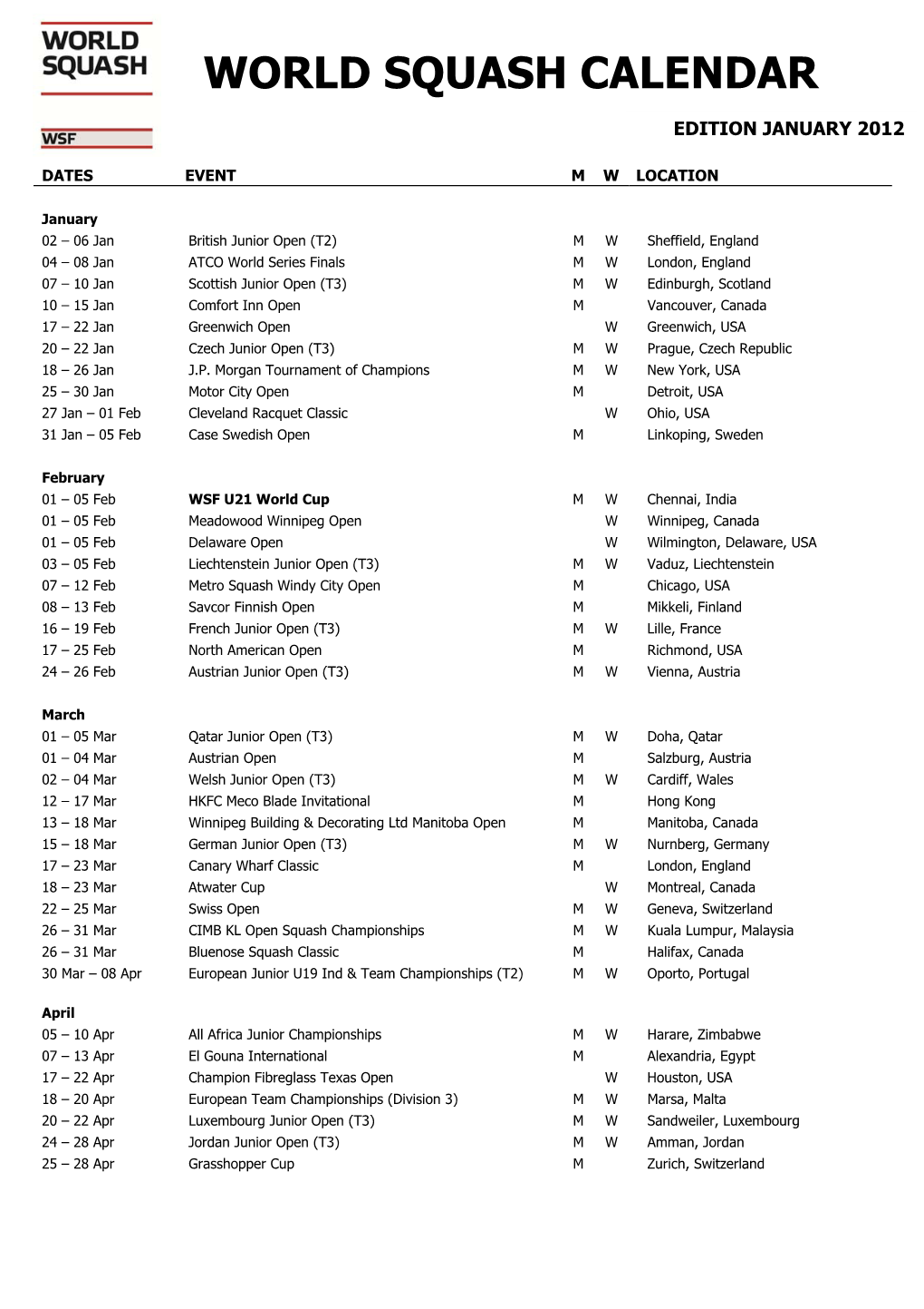 World Squash Calendar