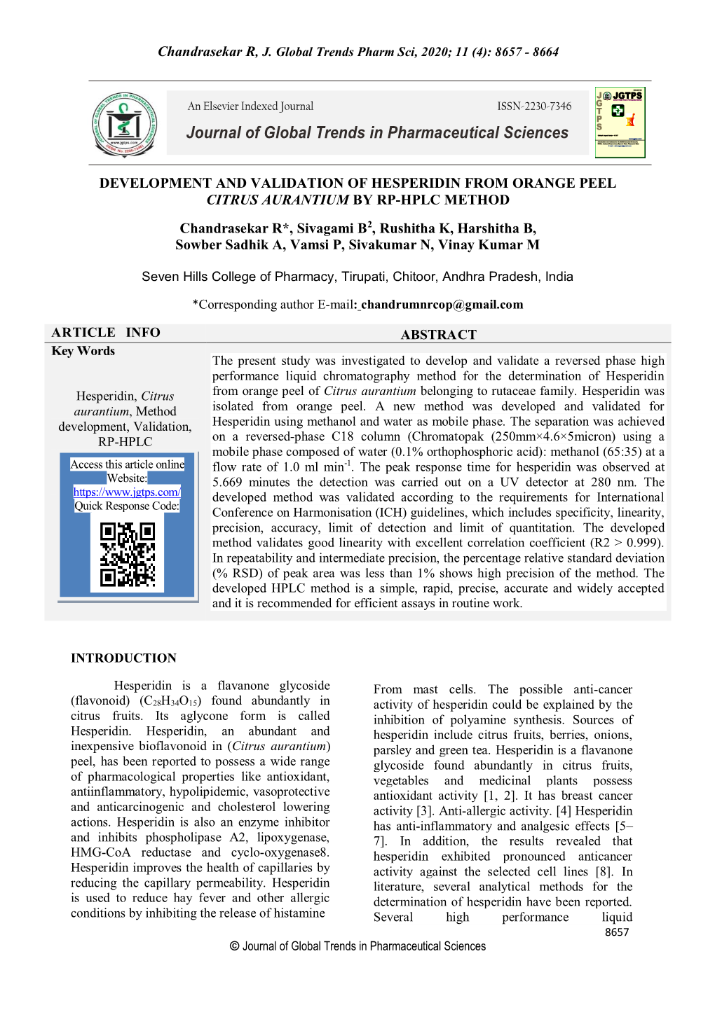 Chandrasekar R, J. Global Trends Pharm Sci, 2020; 11 (4): 8657 - 8664