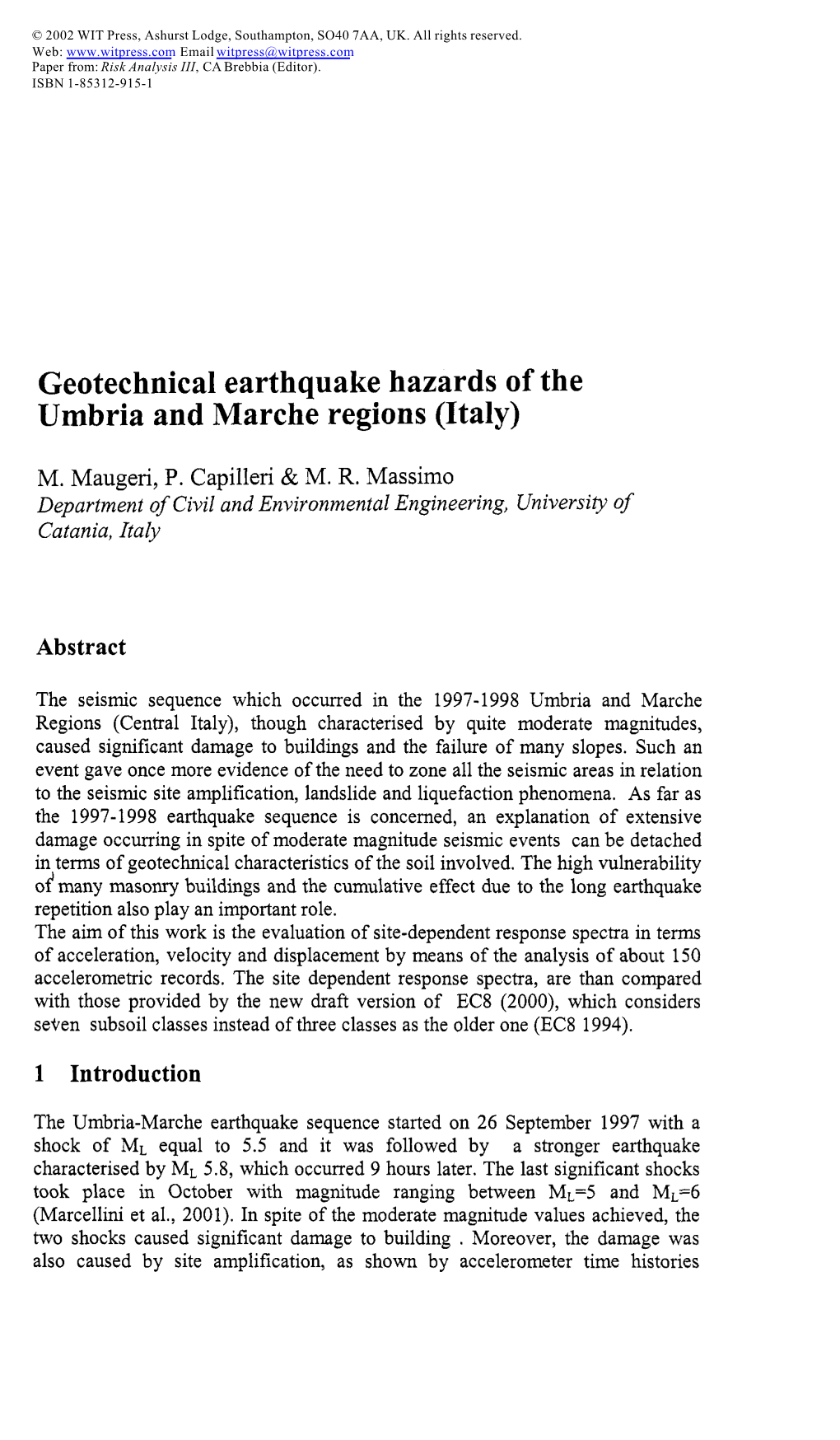 Geotechnical Earthquake Hazards of the Umbria and Marche Regions (Italy)