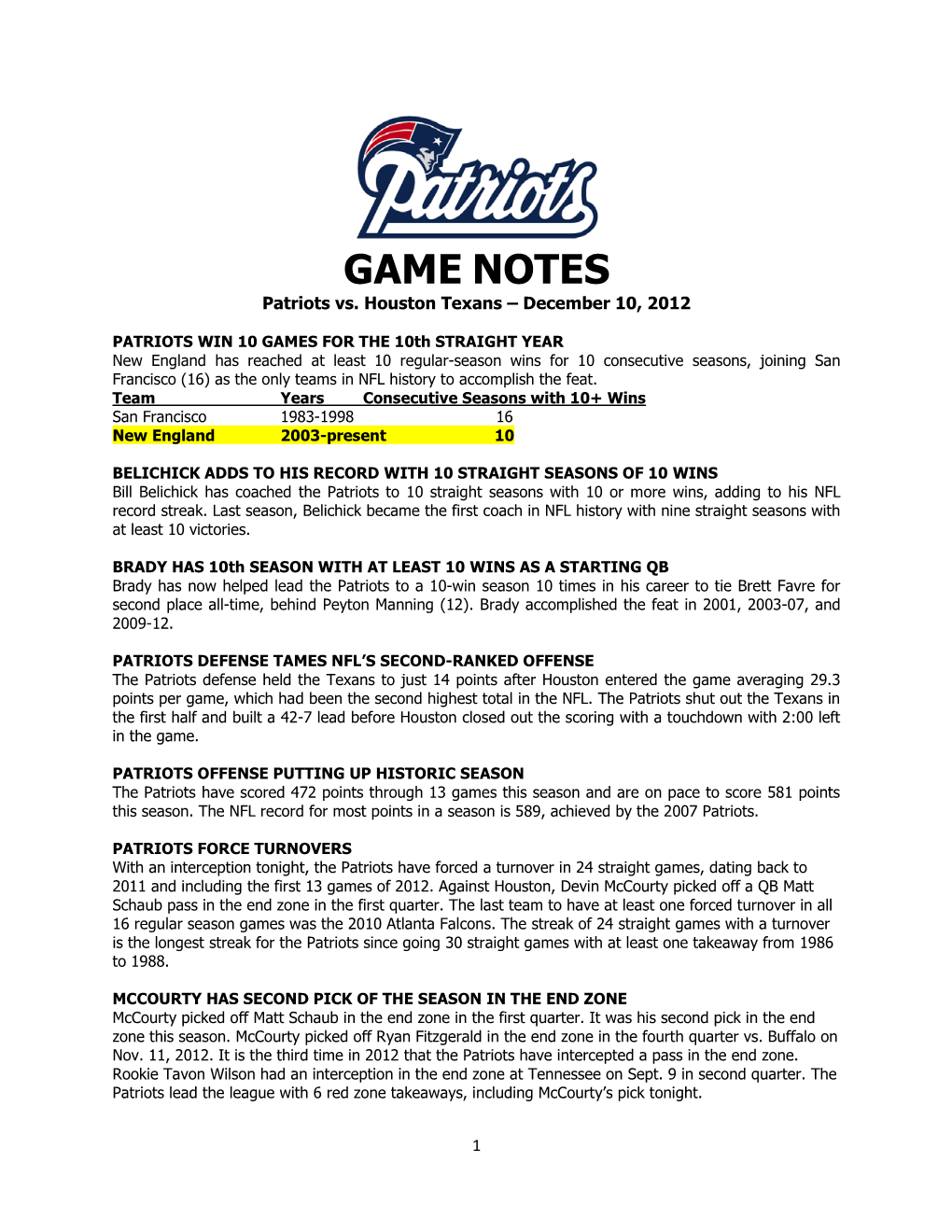 GAME NOTES Patriots Vs