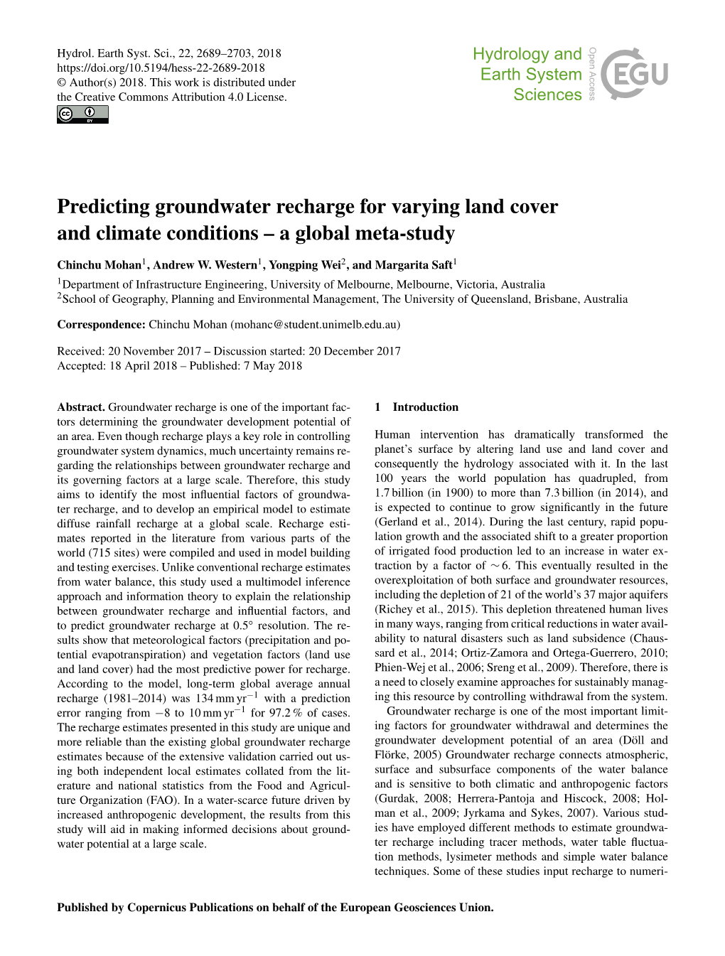 Predicting Groundwater Recharge for Varying Land Cover and Climate Conditions – a Global Meta-Study