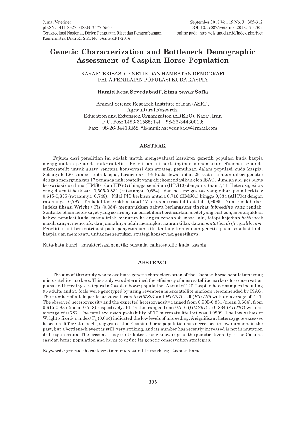 Genetic Characterization and Bottleneck Demographic Assessment of Caspian Horse Population