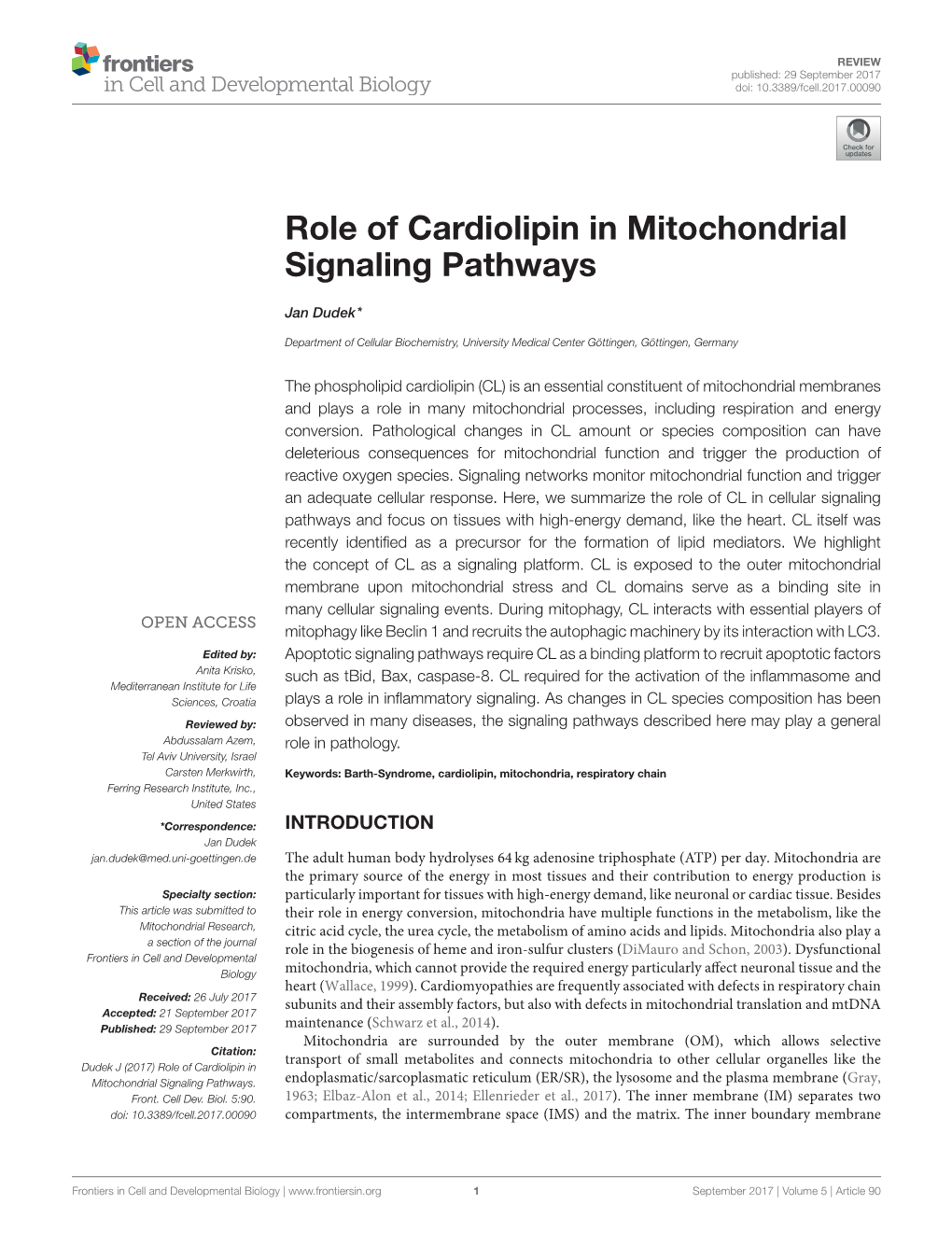 Role of Cardiolipin in Mitochondrial Signaling Pathways