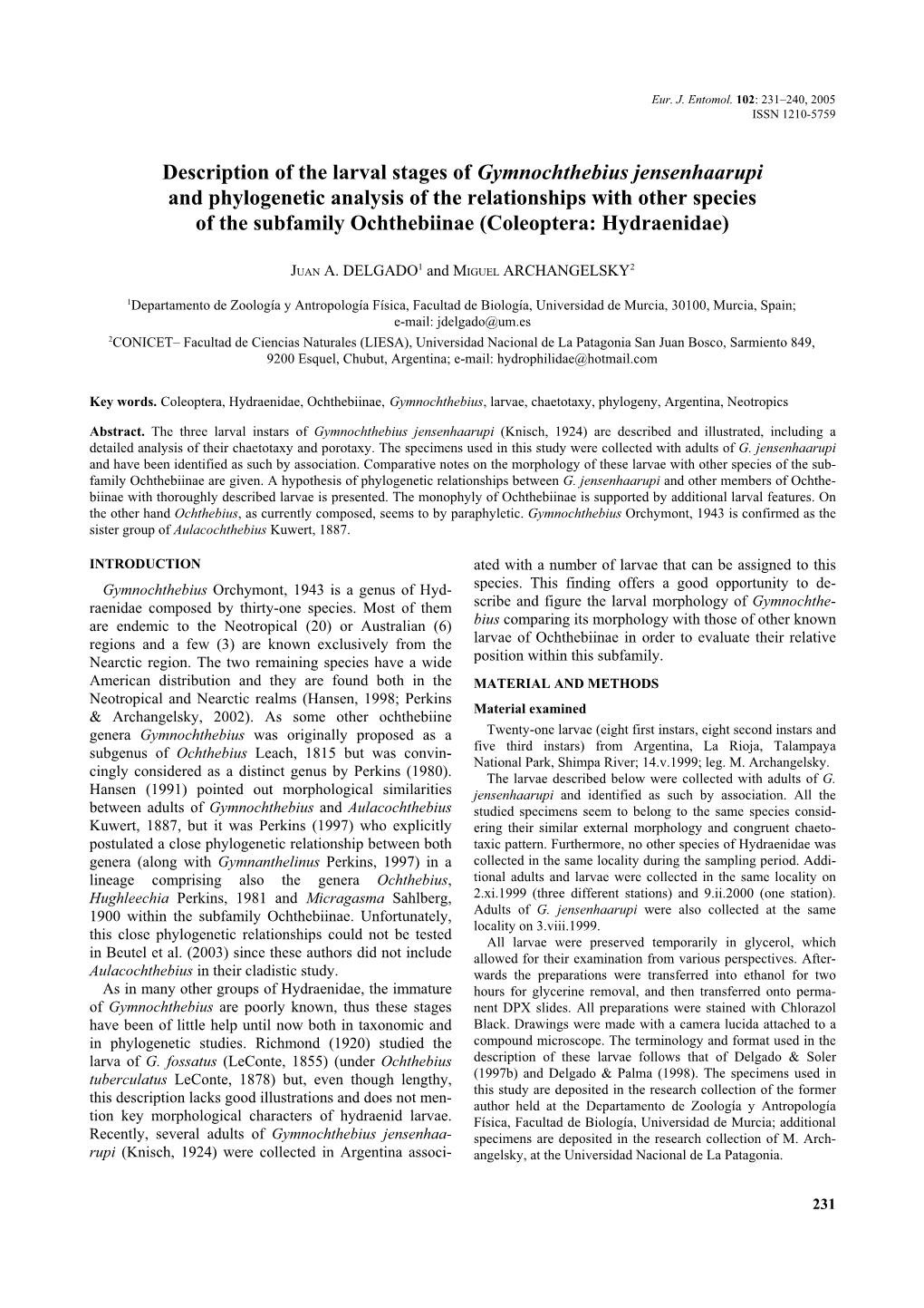 Description of the Larval Stages of Gymnochthebius Jensenhaarupi