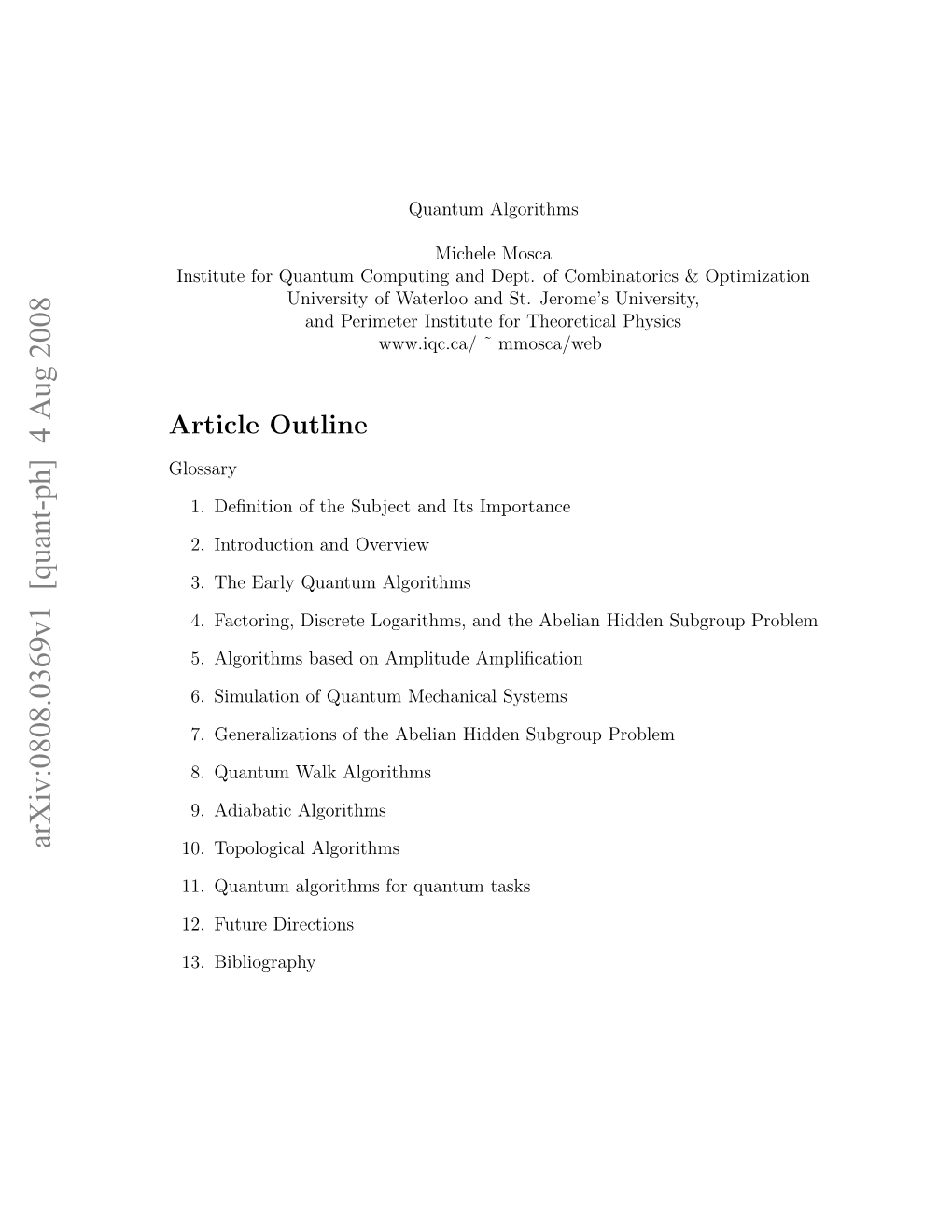 Arxiv:0808.0369V1 [Quant-Ph] 4 Aug 2008 Glossary Outline Article Nttt O Unu Optn N Et Fcombinatorics of Dept