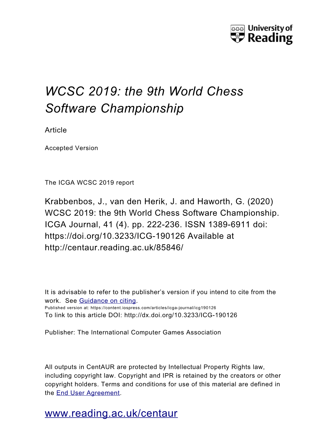 WCSC 2019: the 9Th World Chess Software Championship