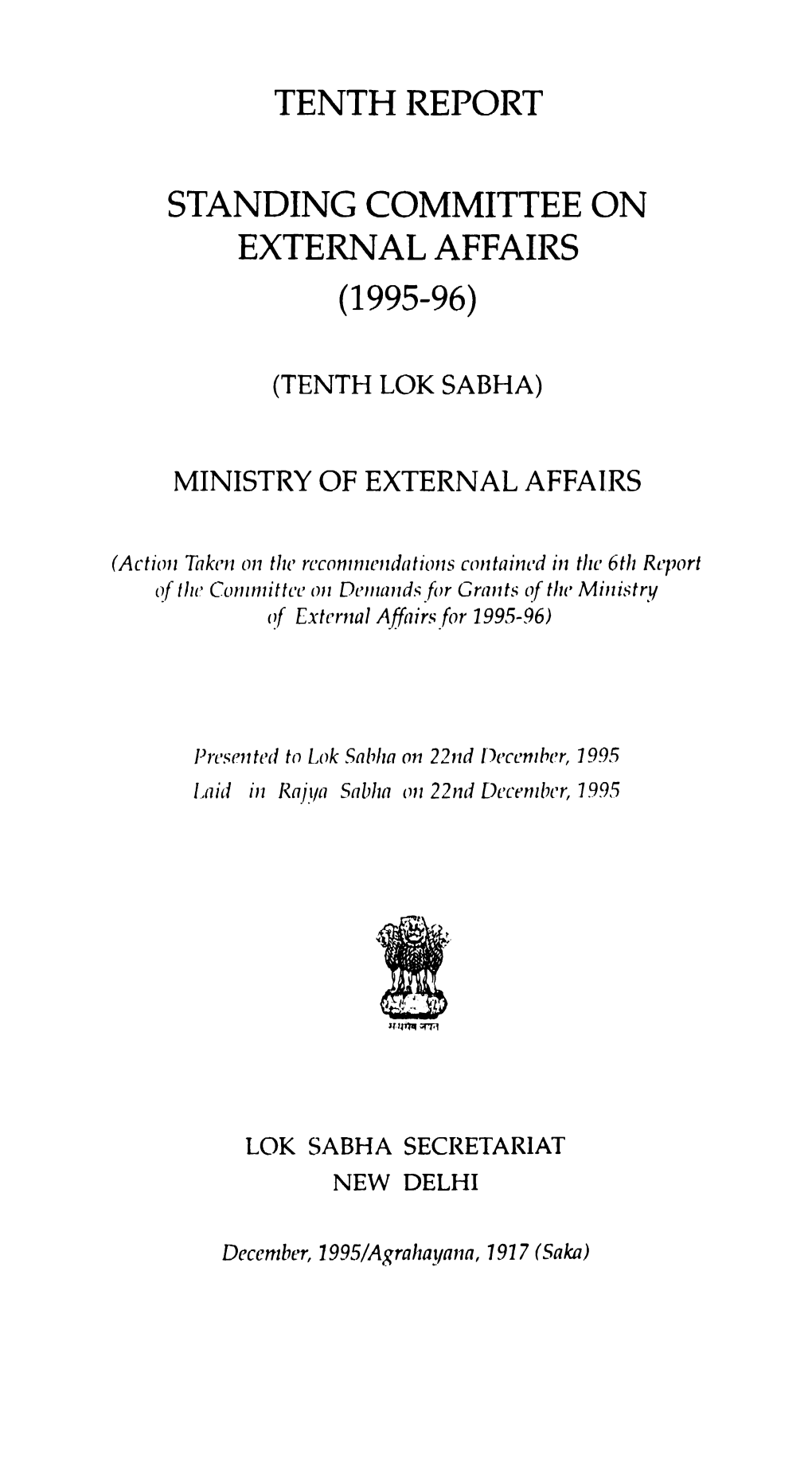 Tenth Report Standing Committee on External