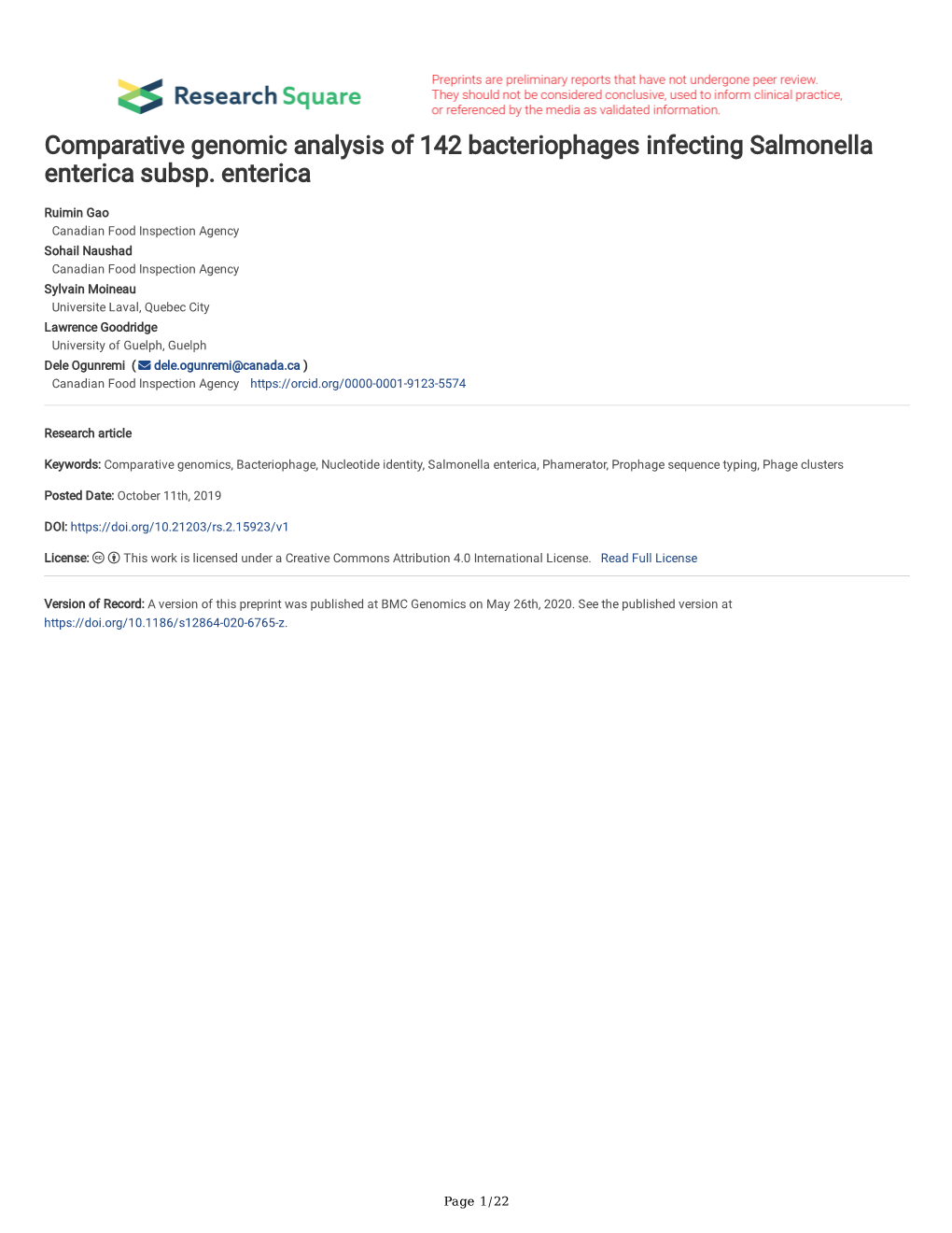 Comparative Genomic Analysis of 142 Bacteriophages Infecting Salmonella Enterica Subsp