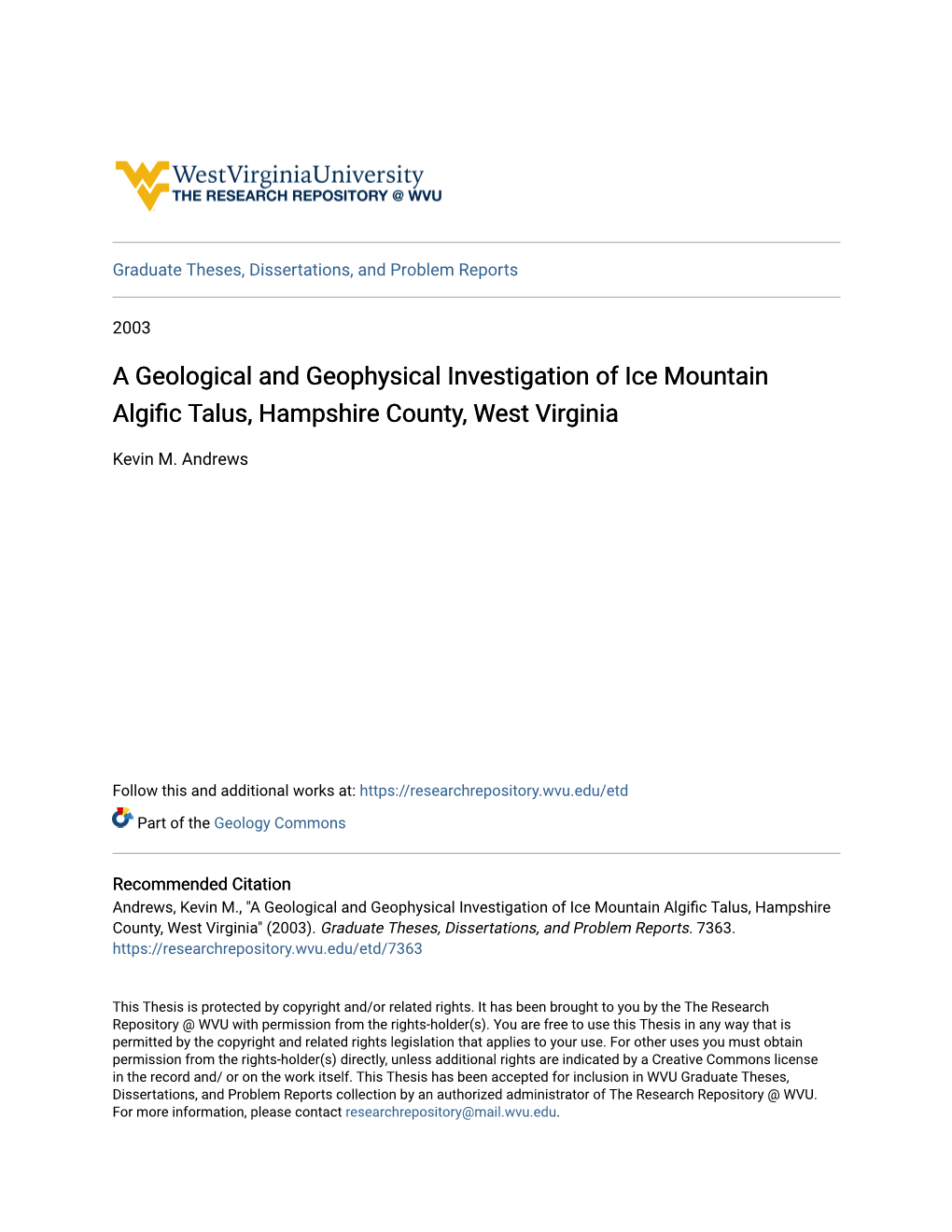 A Geological and Geophysical Investigation of Ice Mountain Algific Alus,T Hampshire County, West Virginia
