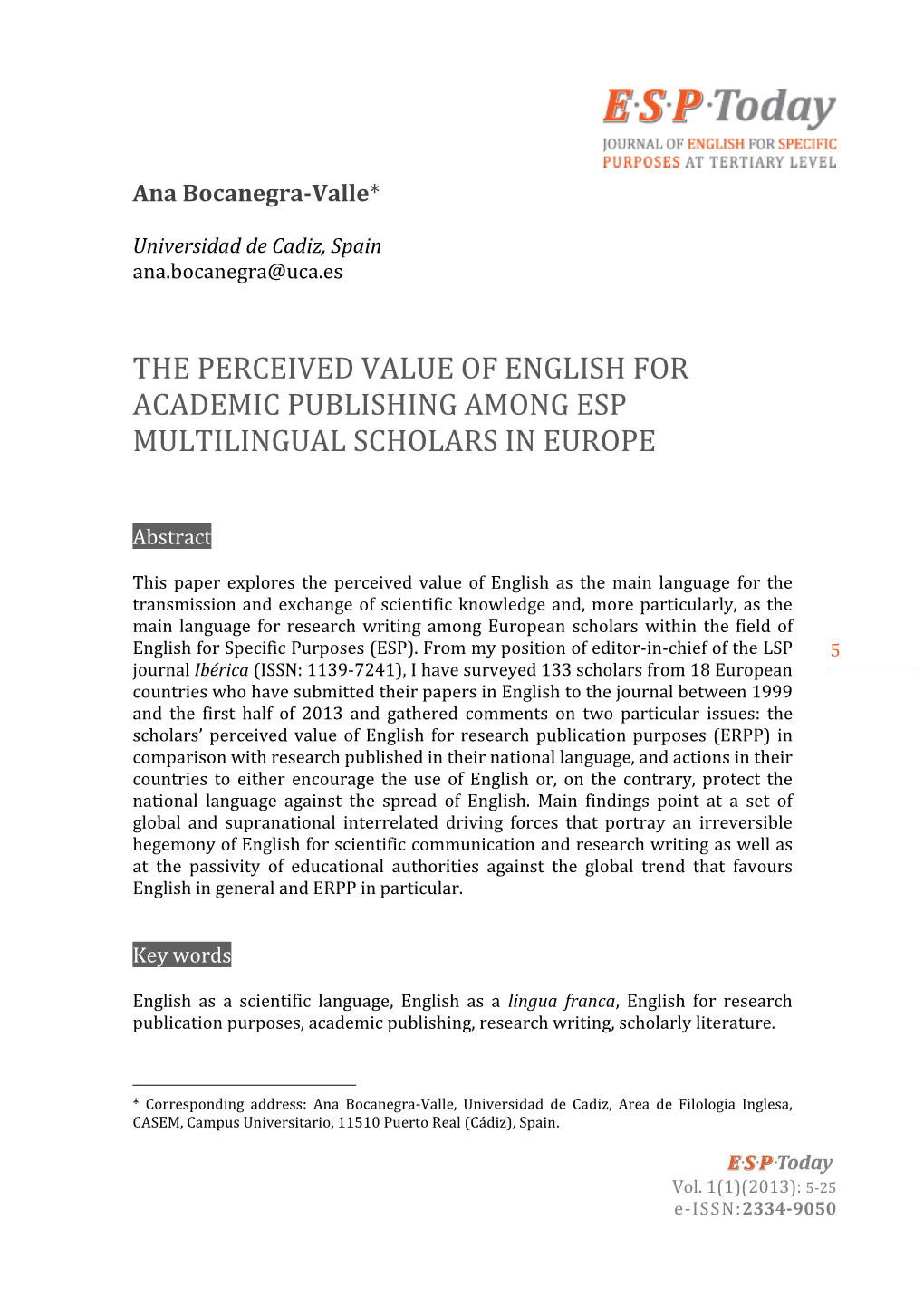 The Perceived Value of English for Academic Publishing Among Esp Multilingual Scholars in Europe