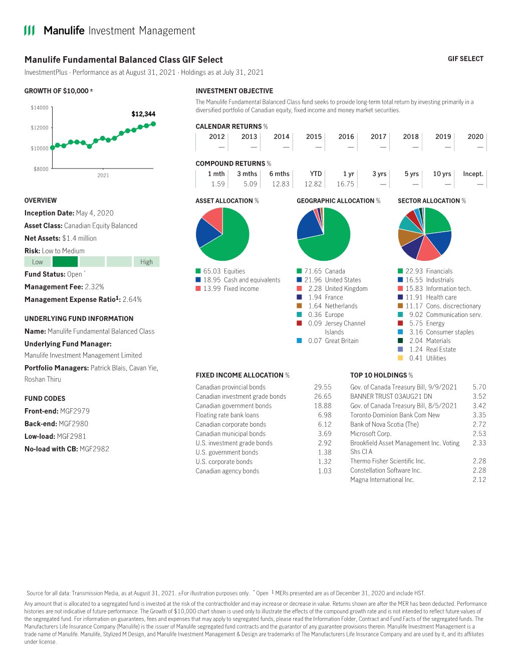 Manulife Fundamental Balanced Class GIF Select GIF SELECT Investmentplus · Performance As at August 31, 2021 · Holdings As at July 31, 2021