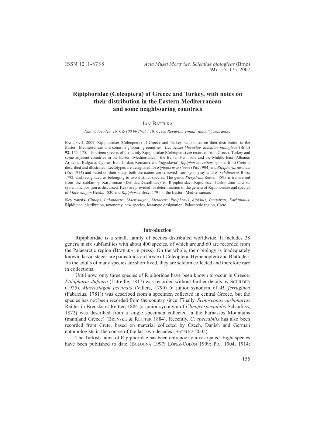 Ripiphoridae (Coleoptera) of Greece and Turkey, with Notes on Their Distribution in the Eastern Mediterranean and Some Neighbouring Countries