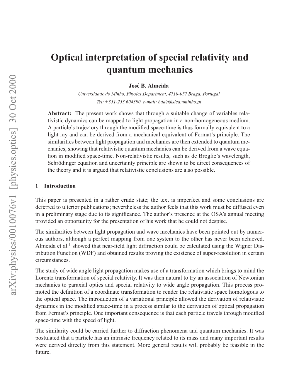 Optical Interpretation of Special Relativity and Quantum Mechanics