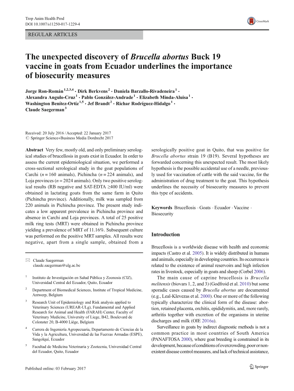 The Unexpected Discovery of Brucella Abortus Buck 19 Vaccine in Goats from Ecuador Underlines the Importance of Biosecurity Measures