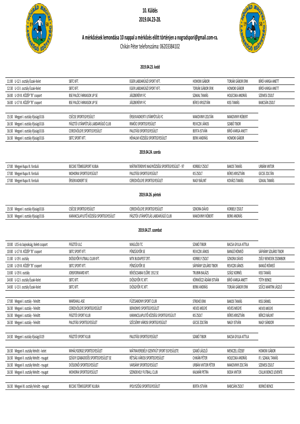10. Küldés 2019.04.23-28. a Mérkőzések Lemondása 10 Nappal