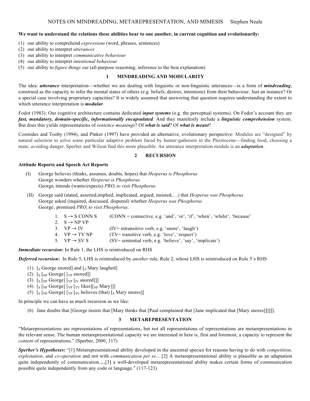 NOTES on MINDREADING, METAREPRESENTATION, and MIMESIS Stephen Neale