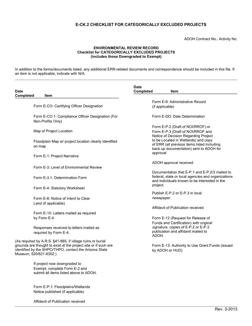 E-CK.2 Checklist for Categorically Excluded Projects