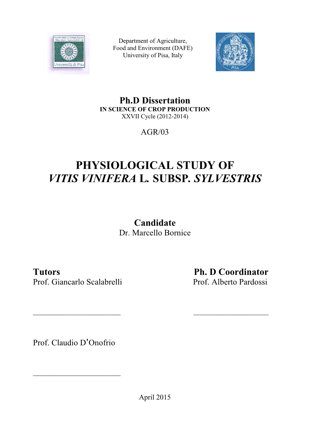 Physiological Study of Vitis Vinifera L. Subsp. Sylvestris