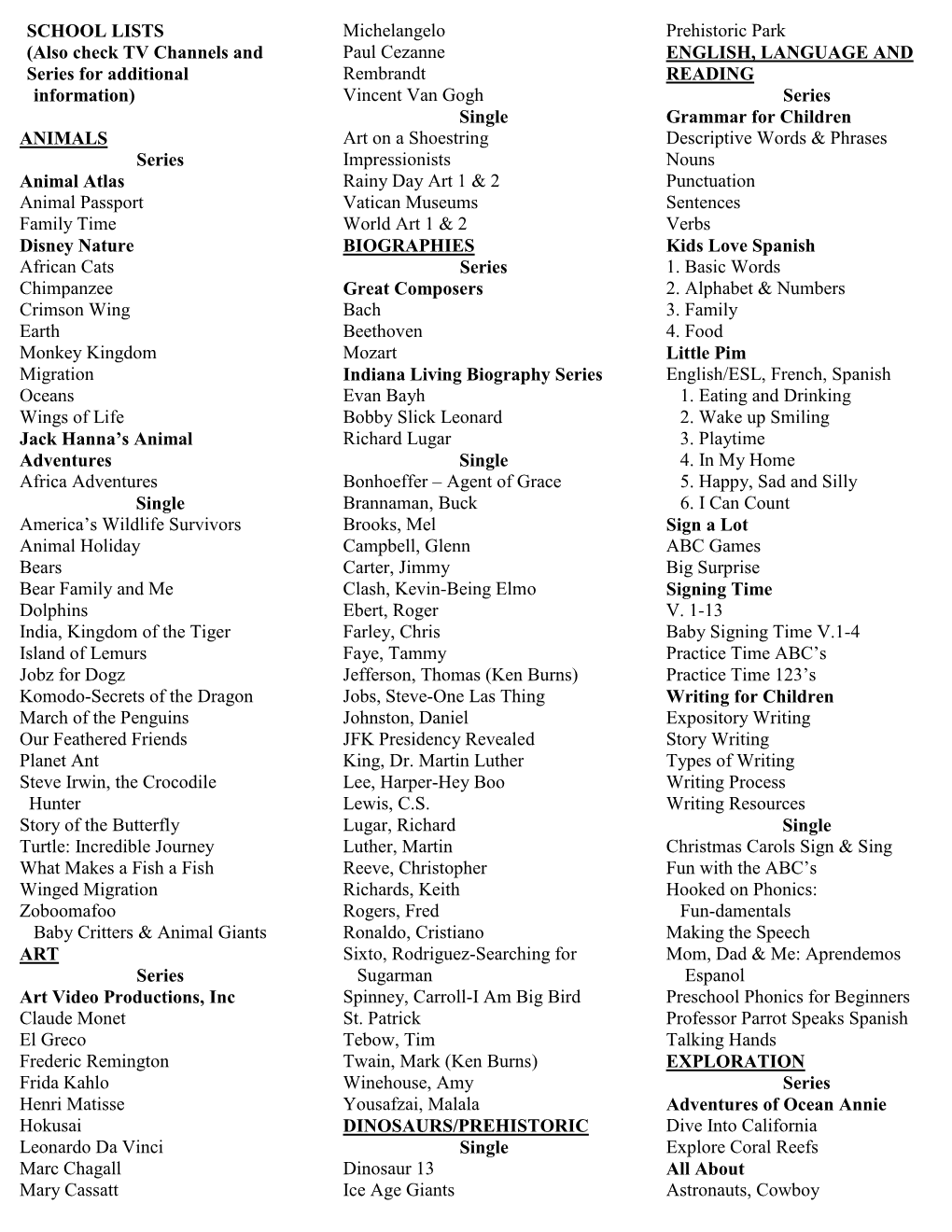 School Lists: DVD Unless Indicated