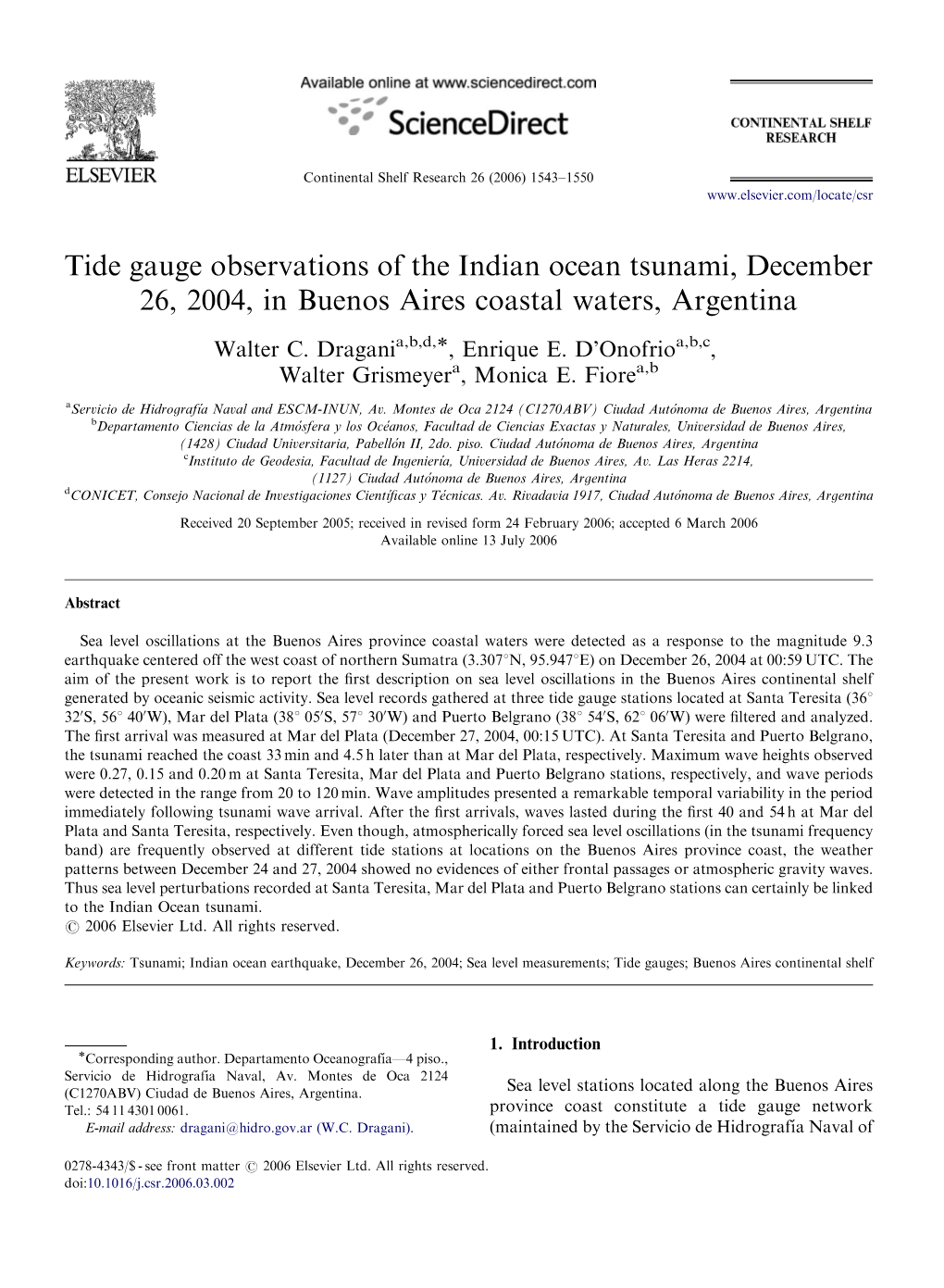 Tide Gauge Observations of the Indian Ocean Tsunami, December 26, 2004, in Buenos Aires Coastal Waters, Argentina