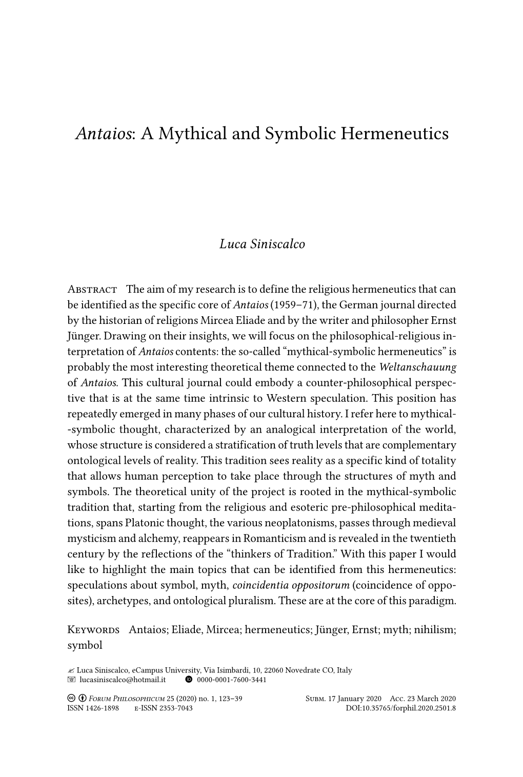 Antaios: a Mythical and Symbolic Hermeneutics