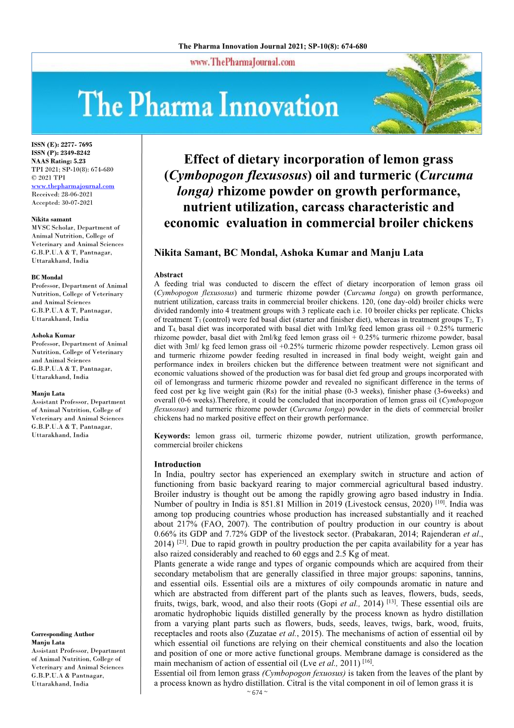 Effect of Dietary Incorporation of Lemon Grass (Cymbopogon Flexusosus