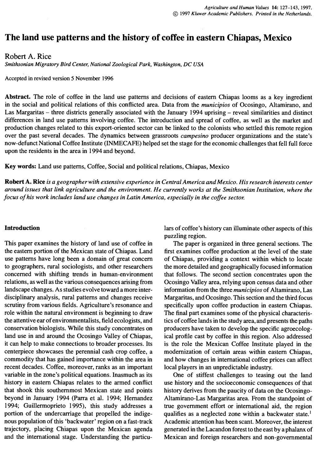 The Land Use Patterns and the History of Coffee in Eastern Chiapas, Mexico