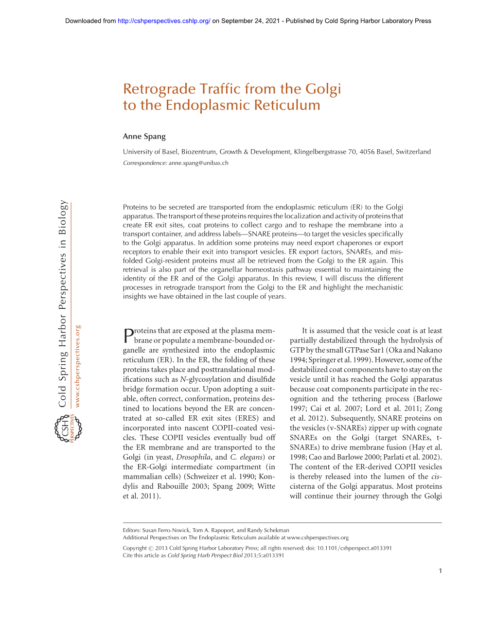 Retrograde Traffic from the Golgi to the Endoplasmic Reticulum