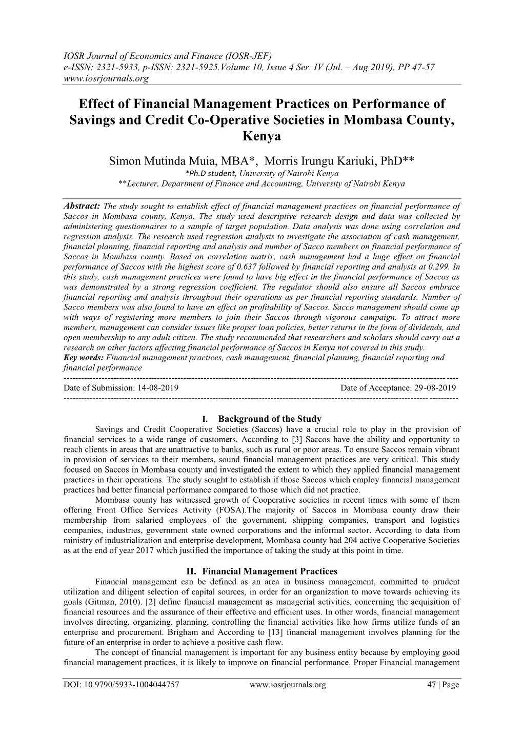 Effect of Financial Management Practices on Performance of Savings and Credit Co-Operative Societies in Mombasa County, Kenya