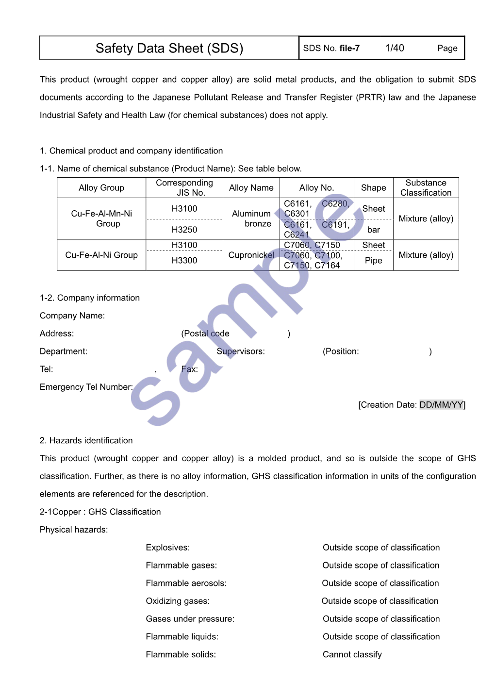 Safety Data Sheet (SDS) SDS No