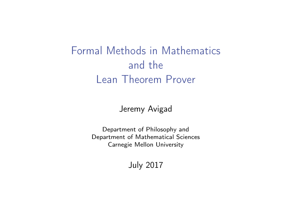 Formal Methods in Mathematics and the Lean Theorem Prover