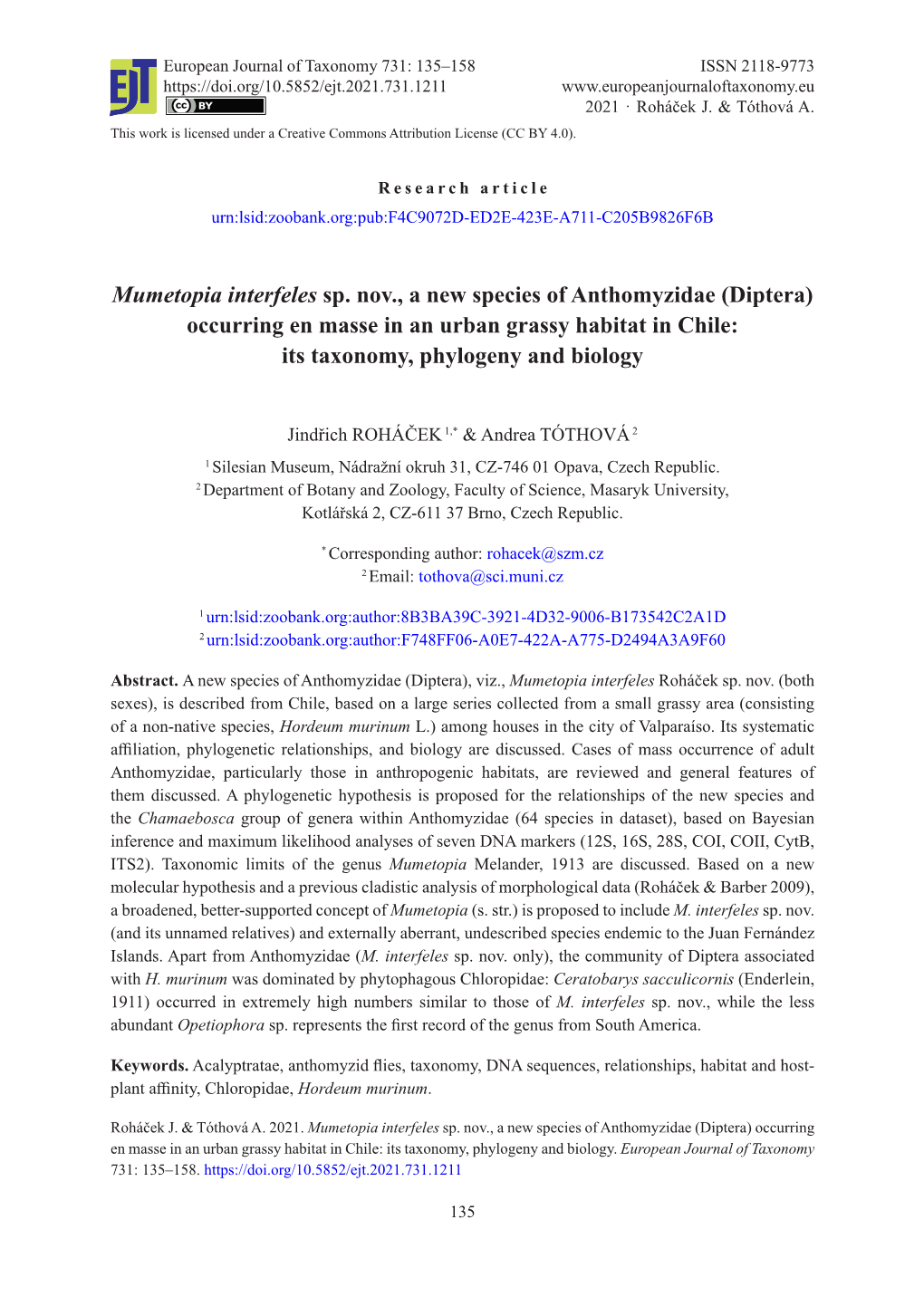 Diptera) Occurring En Masse in an Urban Grassy Habitat in Chile: Its Taxonomy, Phylogeny and Biology