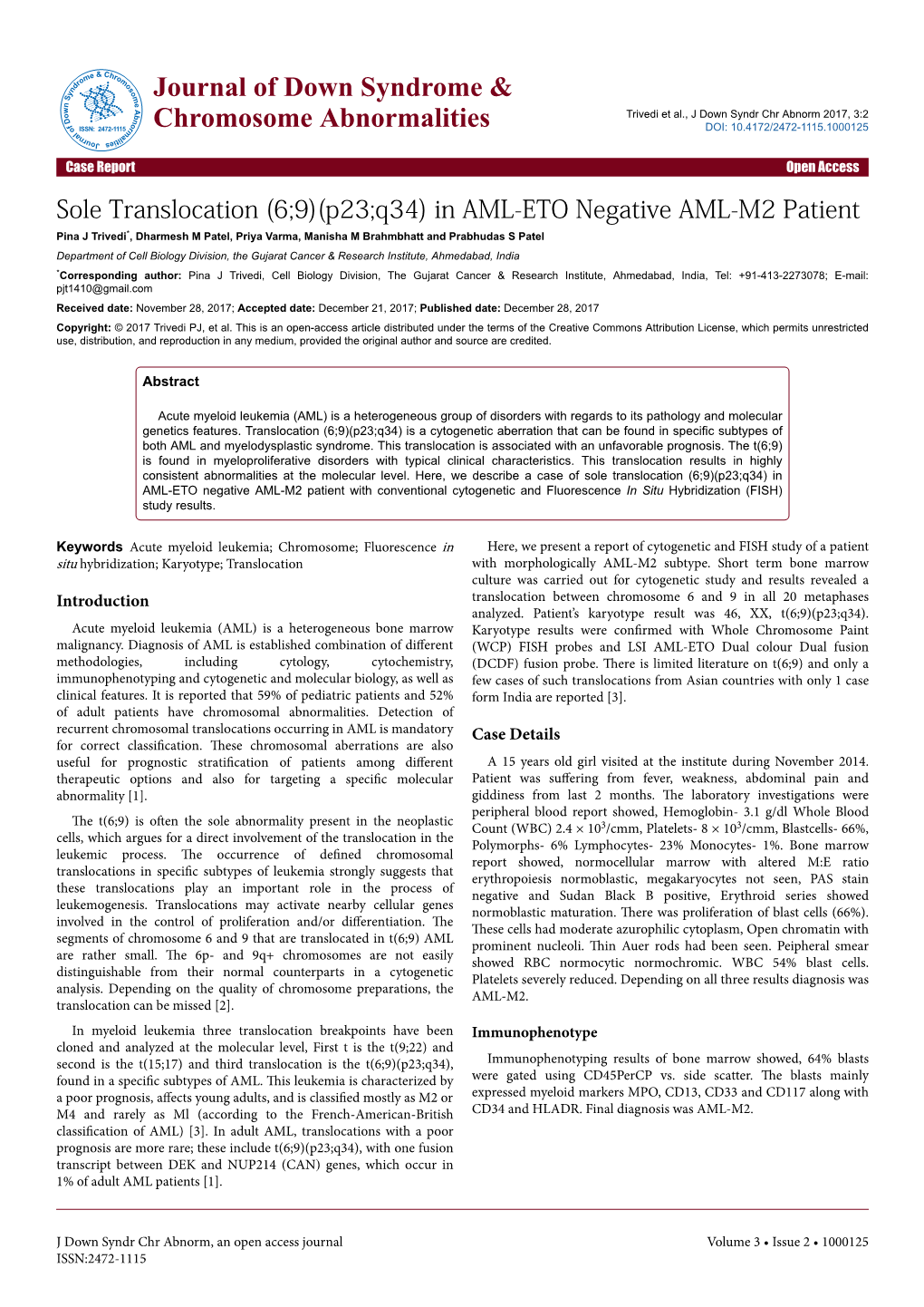 Sole Translocation (6;9)(P23;Q34) in AML-ETO Negative AML-M2 Patient