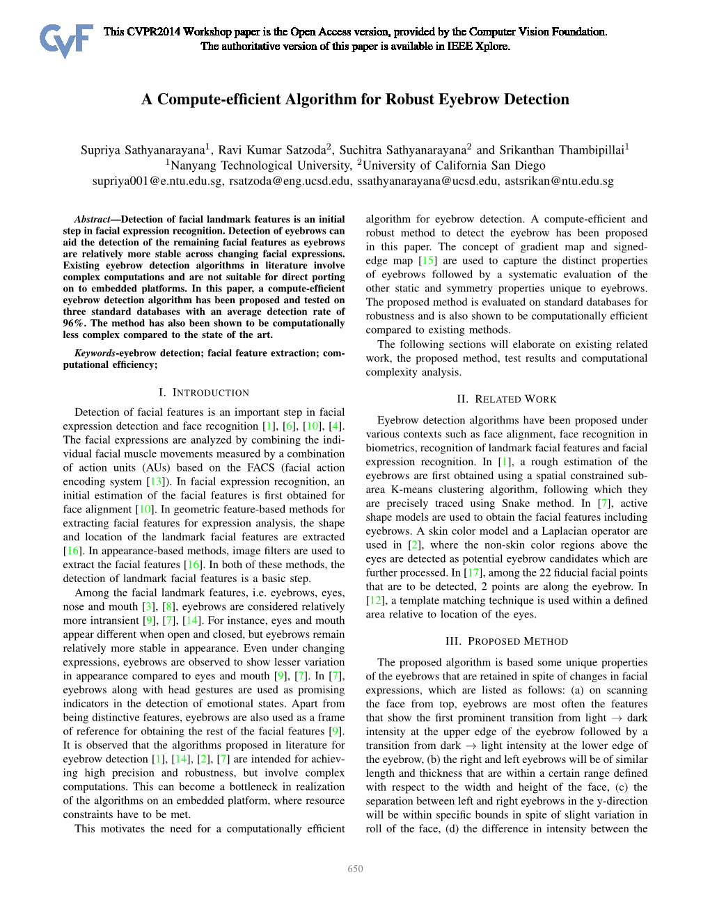 A Compute-Efficient Algorithm for Robust Eyebrow Detection