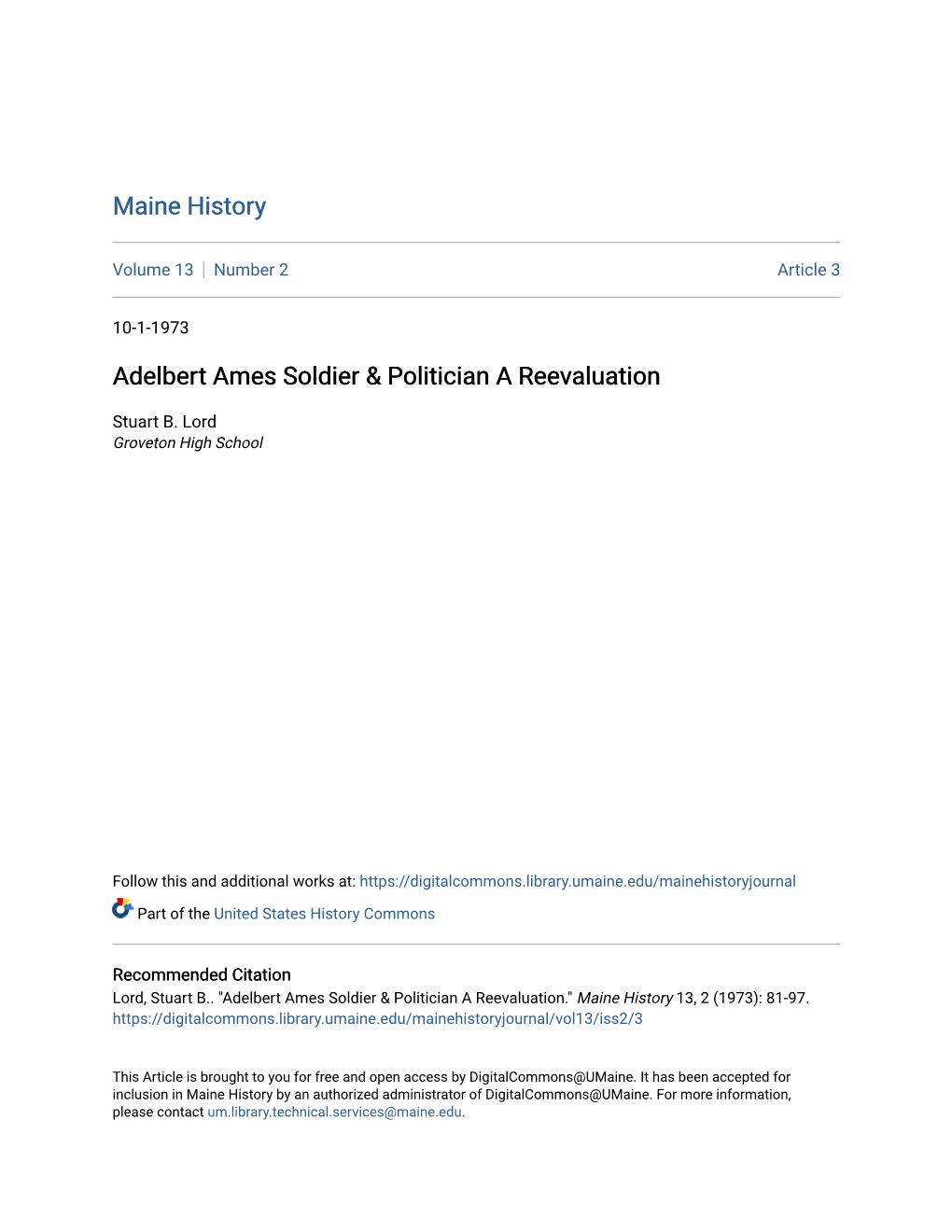 Adelbert Ames Soldier & Politician a Reevaluation