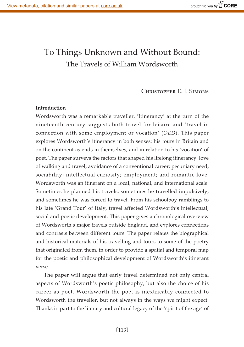 To Things Unknown and Without Bound: the Travels of William Wordsworth