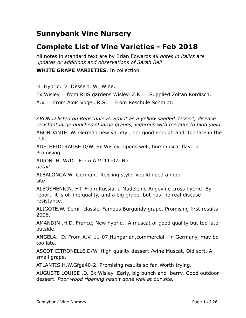Sunnybank Vine Nursery Complete List of Vine Varieties