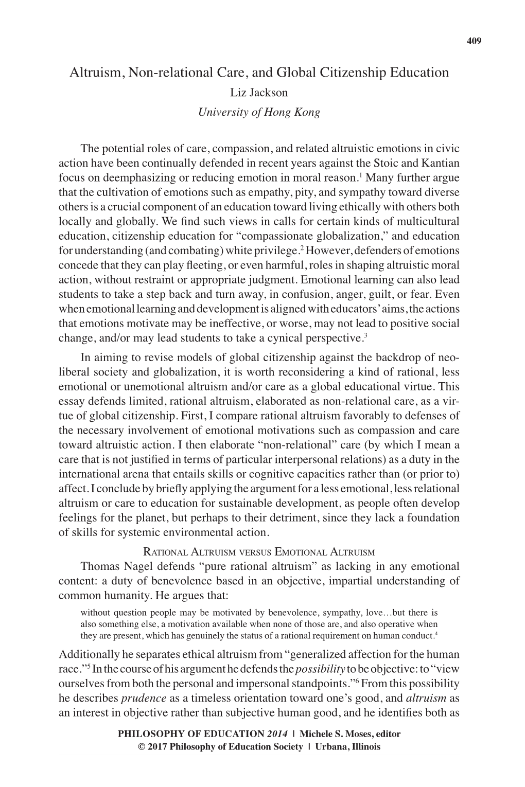 Altruism, Non-Relational Care, and Global Citizenship Education Liz Jackson University of Hong Kong