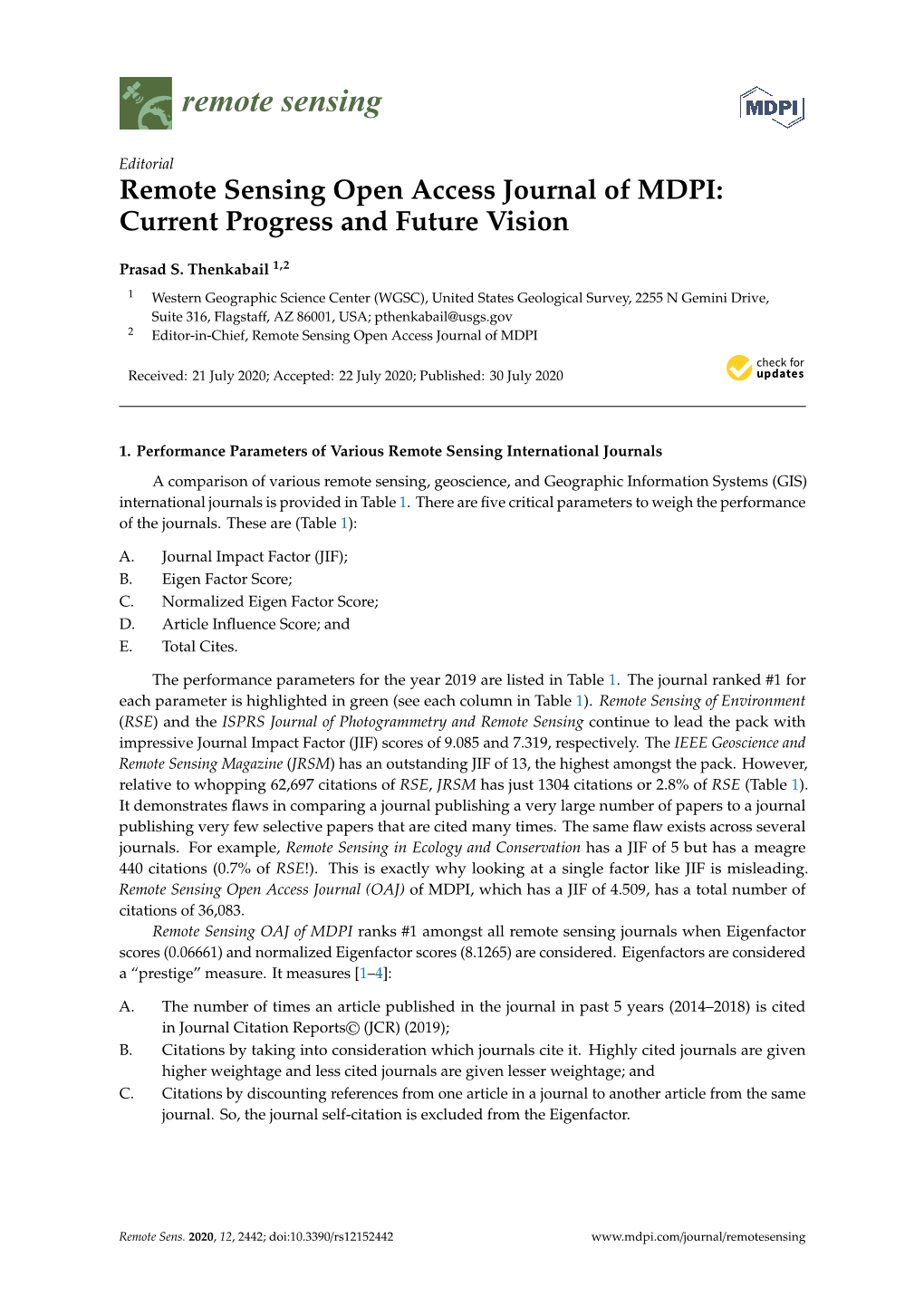 Remote Sensing Open Access Journal of MDPI: Current Progress and Future Vision