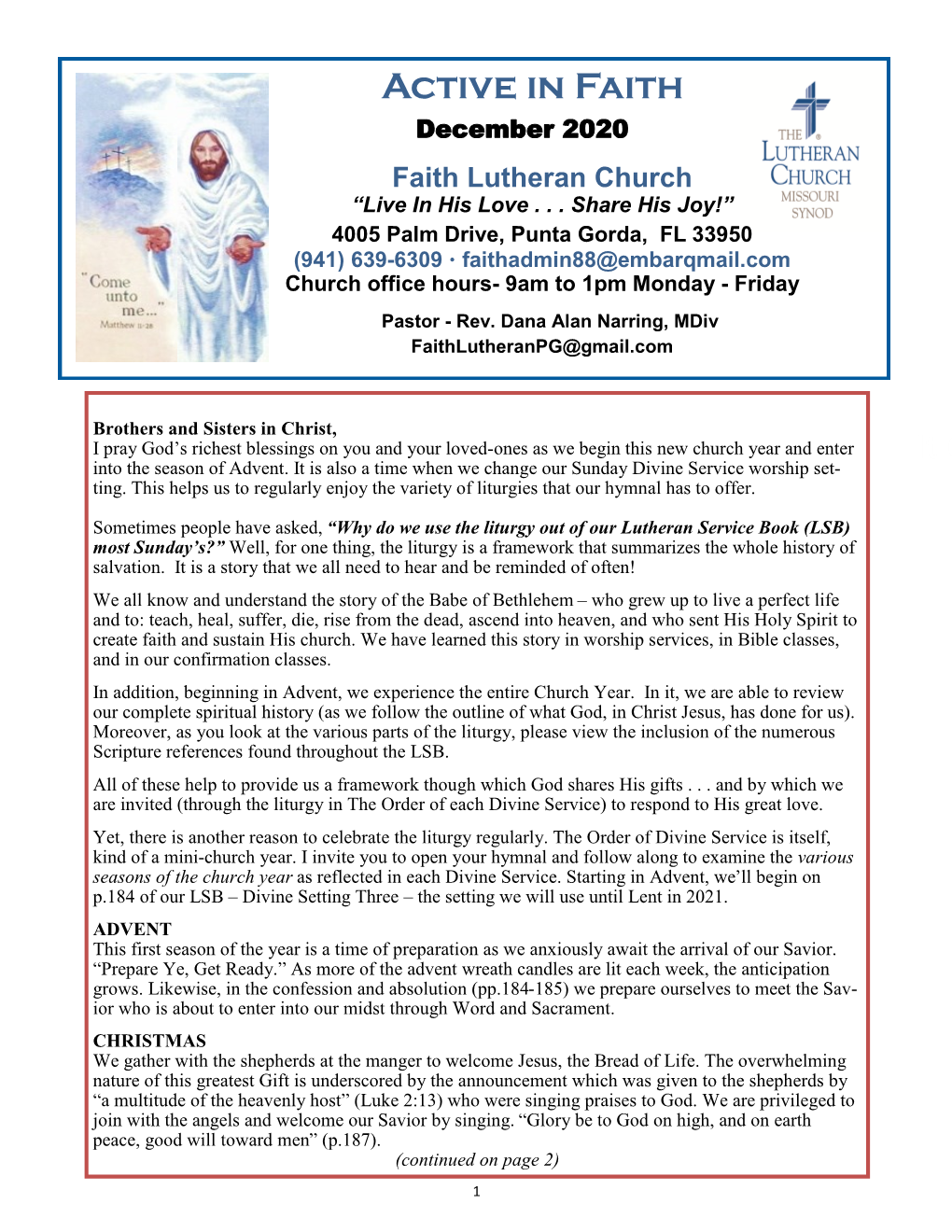 December 2020 Faith Lutheran Church “Live in His Love