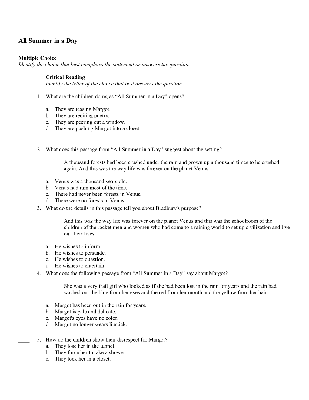 All Summer In A Day Critical Reading