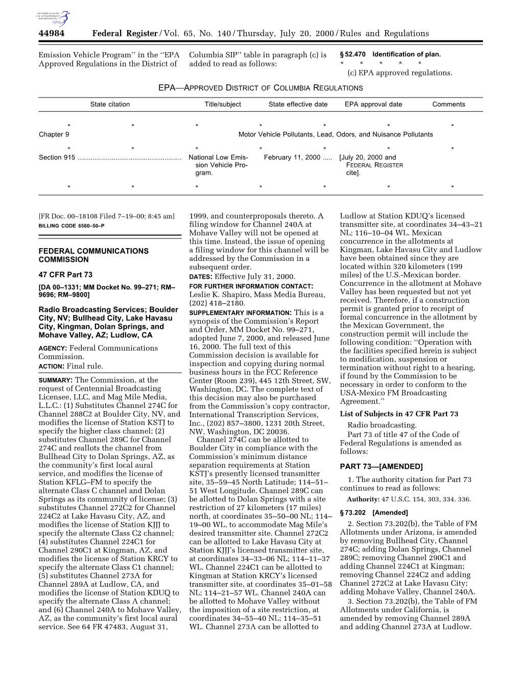 Federal Register/Vol. 65, No. 140/Thursday, July 20